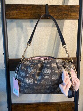 Juicy Couture Fan Club Brown Monogram Satchel Shoulder Bag Bow Charm